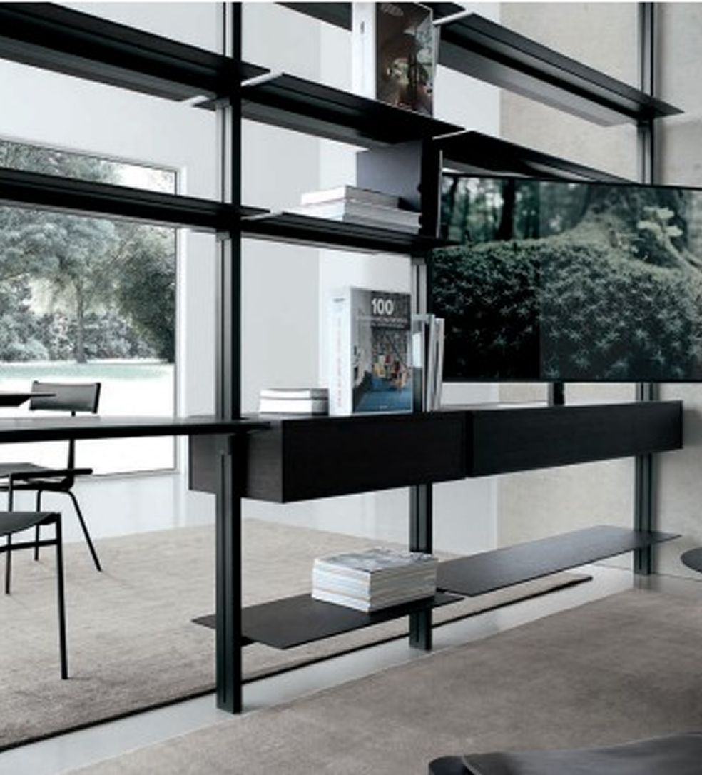 Estantería negra de diseño minimalista integrada en salón moderno, con estructura metálica, baldas finas y sistema modular abierto — opción elegante para organizar libros y objetos decorativos en espacios de interior.