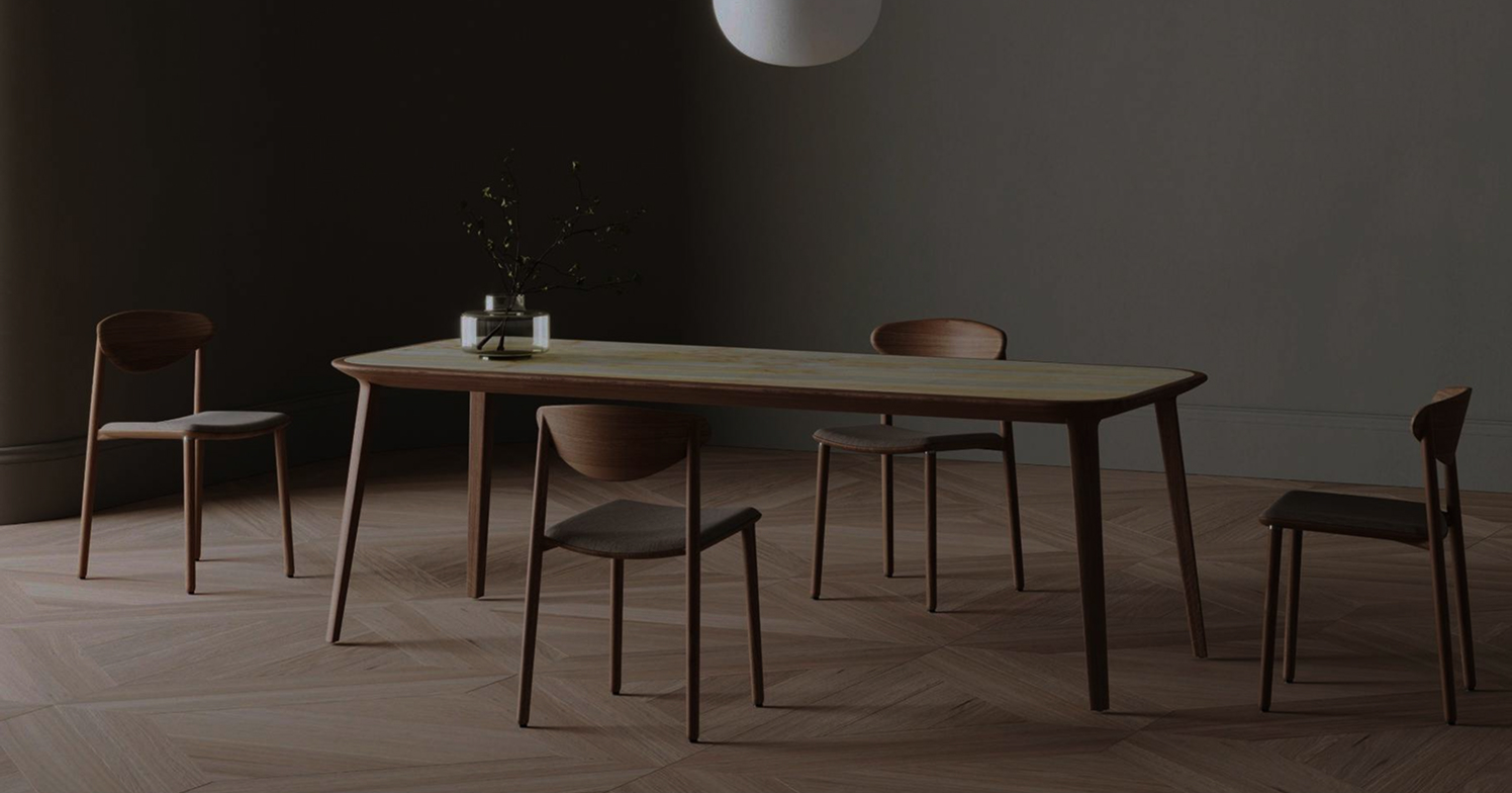 Comedor moderno y minimalista con mesa rectangular de madera y cuatro sillas de diseño contemporáneo, en tonos neutros y cálidos