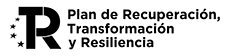 Logotipo del Plan de Recuperación, Transformación y Resiliencia: una letra R gruesa en negro acompañada por cinco estrellas distribuidas en semicírculo a su izquierda, seguida del texto ‘Plan de Recuperación, Transformación y Resiliencia’ en tres líneas.
