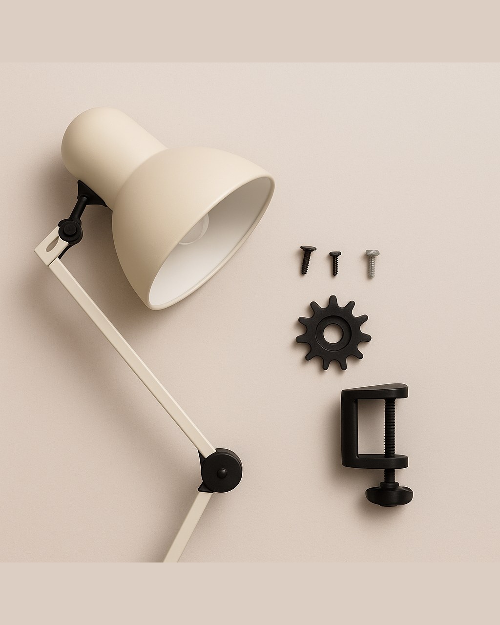 Lámpara blanca con sus piezas de soporte sobre fondo blanco, muestra de diseño minimalista y componentes de iluminación moderna para interiores